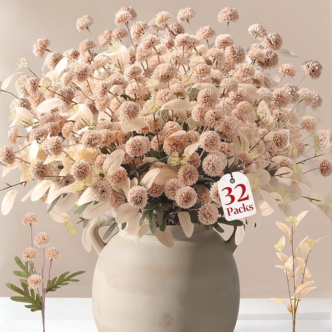 Alupssuc 32PCS Faux Silk Pompon Mums Artificial Flowers with Eucalyptus, Fake Chrysanthemum Floral for DIY Vase Arrangement, Long Stem Dining Table Centerpiece Home Decor, Beige