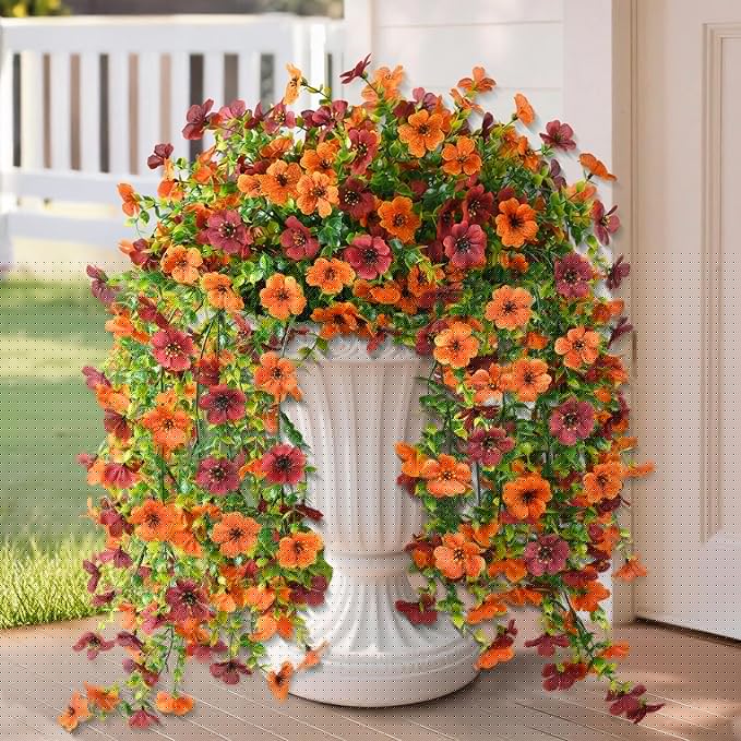 Artificial Hanging Flowers Plants for Outdoor Fall Decoration, 2PCS Faux Silk Daisy UV Resistant Look Real for Outside Home Indoor Planter Porch Garden Yard Autumn Decor(Orange Brown)