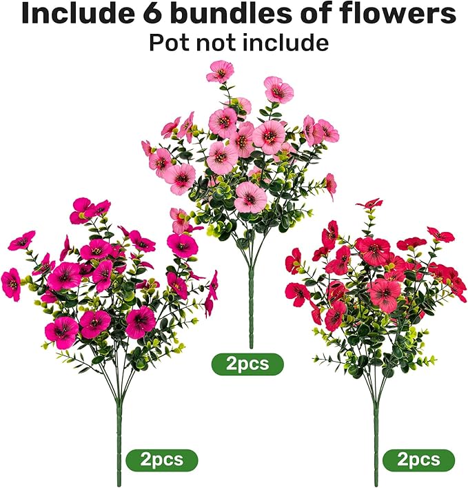 17 Inch Artificial Faux Pansy Flowers for Outdoor,Fake Pansies Flowers with Eucalyptus Leaves Fake Plants Greenery Boxwood Porch Patio Decor 6 Bundles(Pink,Dark Rose,Rose Red)