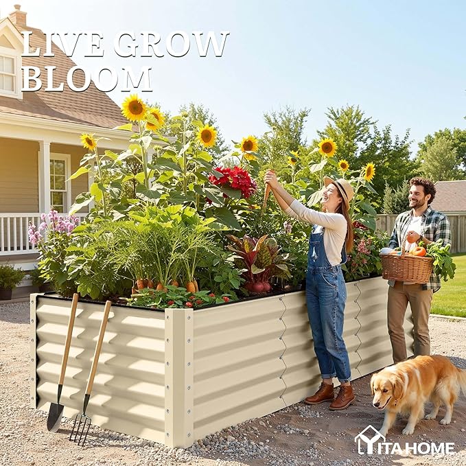 YITAHOME 8x4x3ft Large Raised Garden Bed Kit, Galvanized Metal Planter Box with Gloves, Support Rod & Safety Rubber, Outdoor Above Ground Planters for Plants Vegetables Flowers, Cream Yellow