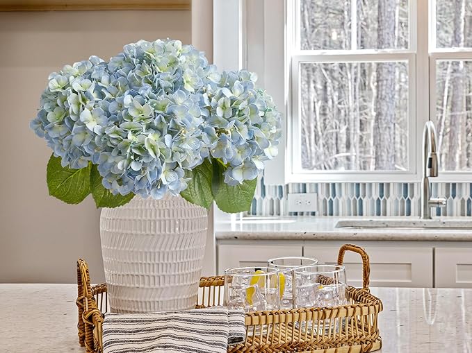 ZYTUYO 20" 4PCS Artificial Light Blue Hydrangea Flowers Large Faux Latex Real Touch Fake Hydrangeas Silk Bouquet with Leaves Stems for Family Table Office Wedding Party Arrangements