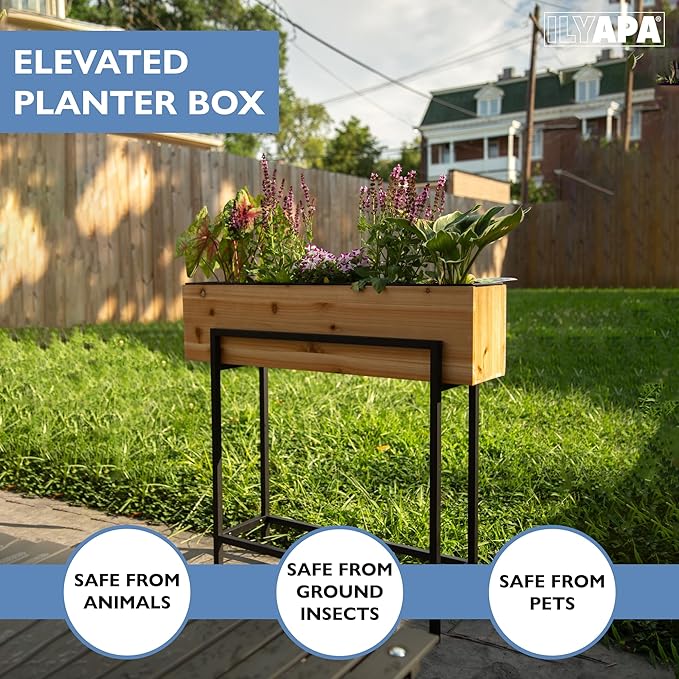 Ilyapa Raised Standing Planter with Legs, Metal and Wood Elevated Planter Box, 33"x29"x7", Indoor Outdoor, Perfect for Living Room, Front Porch