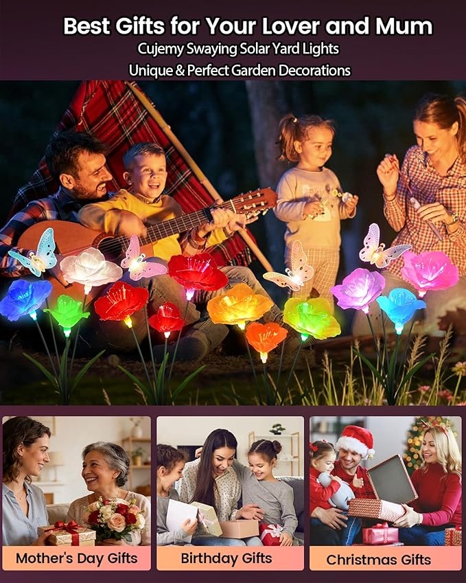 Solar Garden Lights Outdoor Waterproof 4 Pack Swaying Butterfly Light with 7- Color Changing Rose Flowers Solar Lights for Outside Garden Decor Lawn Yard Patio Path,Gifts for Women Mother's Day