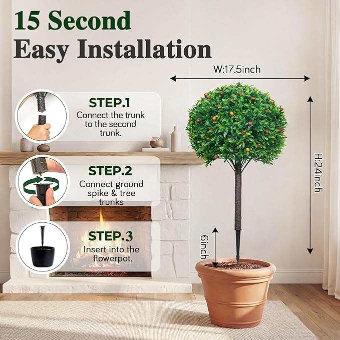 PATIO CHOICE Artificial Topiary Boxwood Ball Trees Set of 2 30" Fake Outdoor Plants Realistic Olive Tree Fake Bushes Lifelike Shrubs Decorations for Outdoor Indoor Front Porch Garden