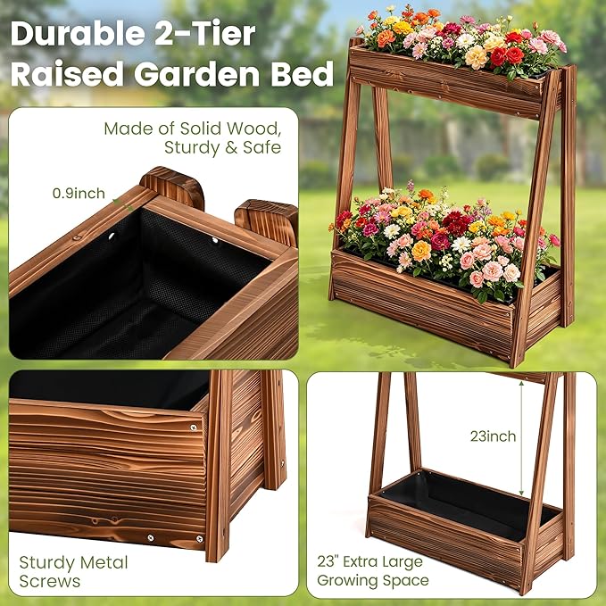 2-Tier Elevated Raised Garden Bed, 36" H Fir Wood Planter Box with 23" Growth Space for Tall/Climbing Plants, Drainage Holes & Non-Woven Liner, Outdoor Garden Planter for Patio Balcony Backyard