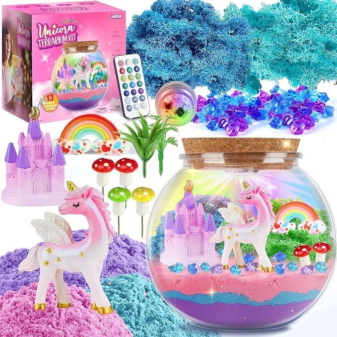 LAOESE Unicorn Light-Up Terrarium Kit for Kids – LED Night Light DIY Arts and Crafts Kit, Unicorn Toys for Girls Ages 4 5 6 7 8-12 – Birthday Gifts for Girls