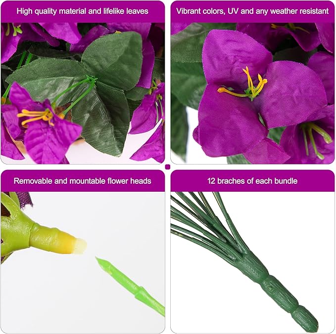 Bougainvillea Artificial Flowers for Outdoors Summer Decor, 4 Bundles Realistic Bougainvillea Fake Silk Outside Flowers UV Resistant Faux Plants for Outdoor Planters Porch Patio Window Garden, Fuchsia