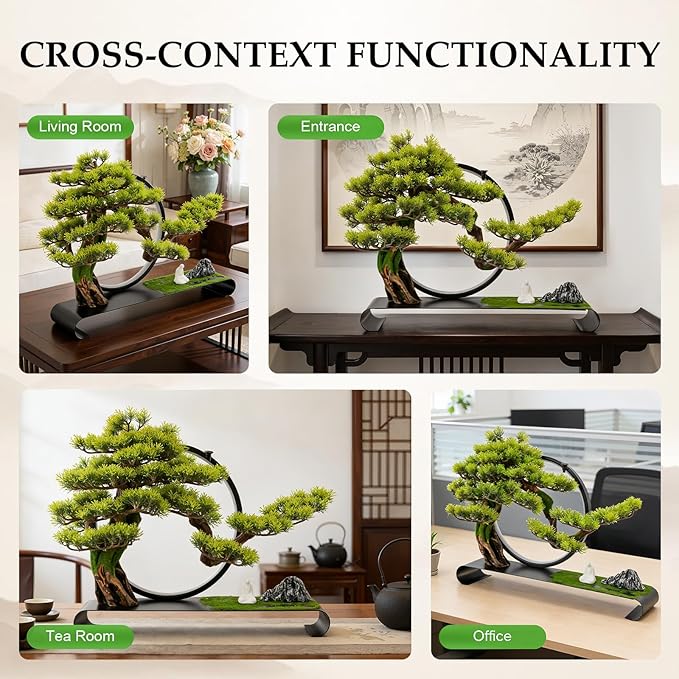 Zen Artificial Bonsai Tree with Adjustable LED Light Ring, Realistic Simulation Welcome Pine with Buddha Statue Decoration, Faux Potted Plant for Living Room Office Studies Meditation