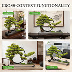 Zen Artificial Bonsai Tree with Adjustable LED Light Ring, Realistic Simulation Welcome Pine with Buddha Statue Decoration, Faux Potted Plant for Living Room Office Studies Meditation