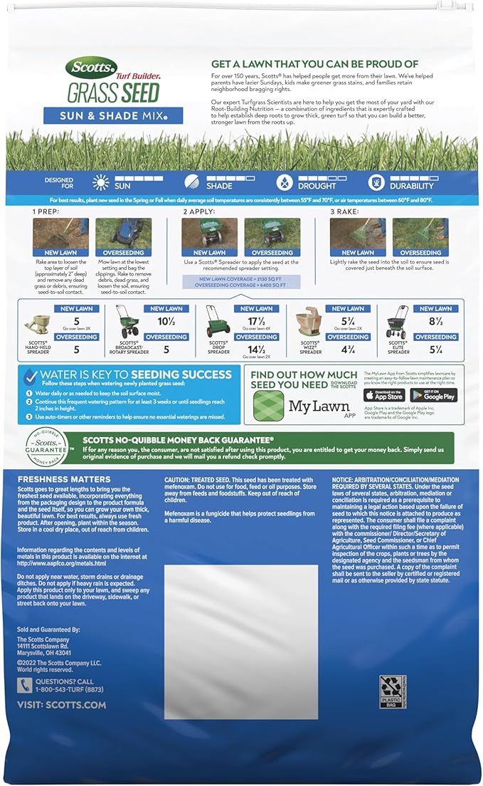Scotts Turf Builder Grass Seed Sun and Shade Mix - Grass Seed Plus Lawn Fertilizer and Soil Improver, Covers Up To 6,400 sq. ft., 16 lb.