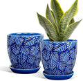 EFISPSS 6 Inch Plant Pots, Ceramic Plant Pots with Drainage Hole and Saucer, Indoor/Outdoor Flower Pots, Set of 2 - Blue