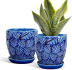 EFISPSS 6 Inch Plant Pots, Ceramic Plant Pots with Drainage Hole and Saucer, Indoor/Outdoor Flower Pots, Set of 2 - Blue