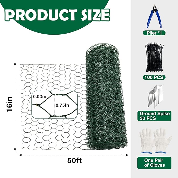 16 in x 50 ft Plant Protectors from Animals, Metal Mesh Plant Protector for Garden Plant Cages for Outdoor Plants with Ground Stakes & Cutting Plier