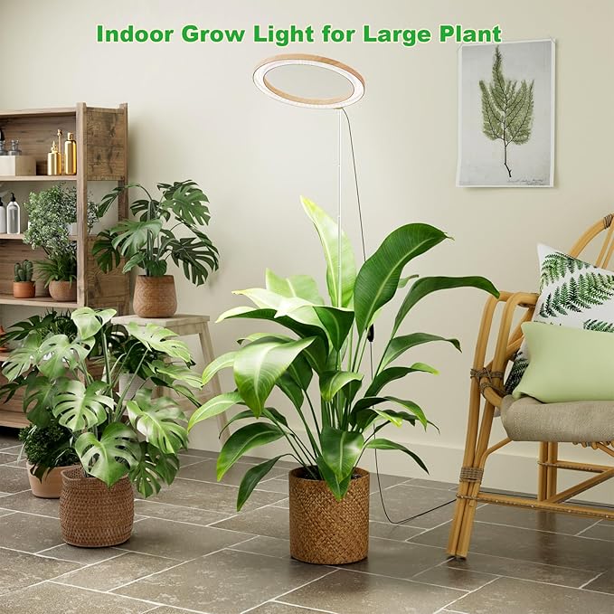 12" Grow Lights for Large Indoor Plants, Full Spectrum Tall Plant Grow Lights Indoor,Height Adjustable 15"-65",Timer Auto On/Off 3/9/12H,9 Brightness,Led Halo Grow Light for House Plants, Wood Grain