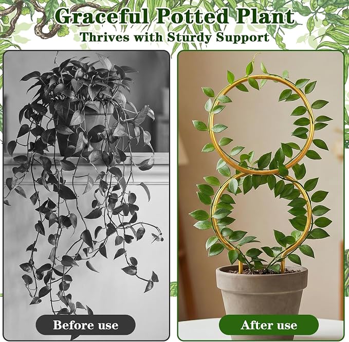 Nogeqi 2 Pcs Plant Support for Climbing, Metal Plant Trellis Indoor, 12 Inch Small Plant Stakes for Indoor Plants, Trellis for Climbing Plants Garden Potted (Gold)