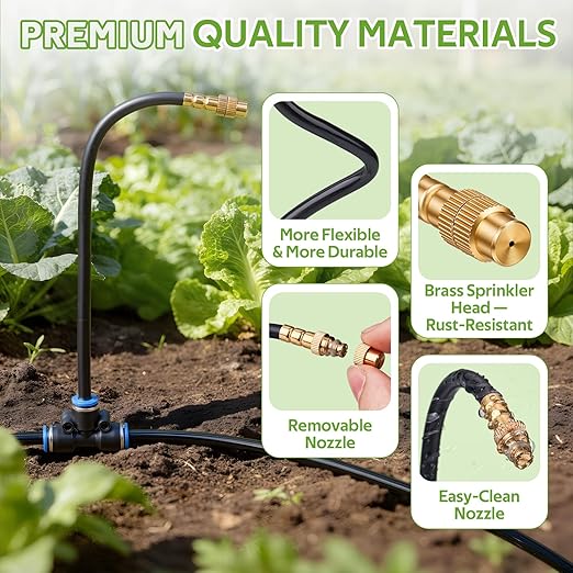 HIRALIY 360° Adjustable Drip Irrigation System 165FT, 1/4" Tubing with Adjustable Copper Nozzles, Automatic Atomizing Watering Kit for Garden, Yard, Lawn, Greenhouse & Potted Plants