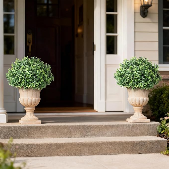 Set of 2 Artificial Boxwood Topiary Ball Trees for Front Door - Realistic Faux Aglaia Odorata Bush with Pot, Fake Eucalyptus Leaves Potted Plants for Porch Farmhouse Outdoor Decor (Green)