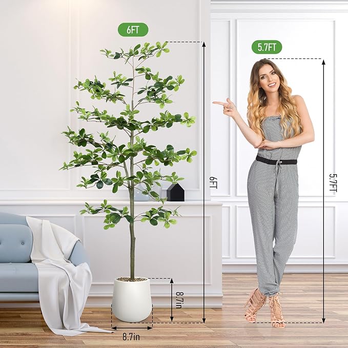 Faux Black Olive Tree 6FT,Artificial Tall Plant with White Planter and Stone,Potted Fake Tree with Natural Trunk,Artificial Plants Indoor for Home Office Living Room Corner Decor
