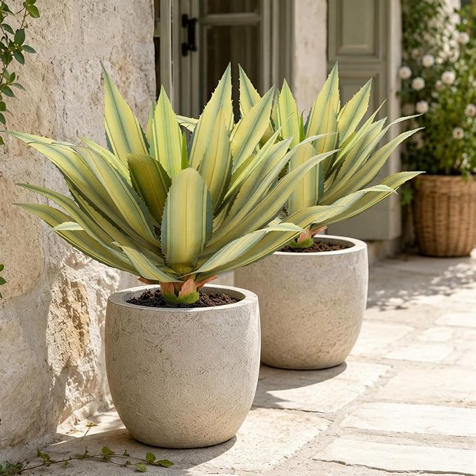 Artificial Spiked Agave Plant Outdoor 28” Tall, Large UV Resistant Fake Agave Plants with 23 Pre-Dusted Leaves, Faux Succulents Plant for Home Front Porch Patio Garden Indoor Decor 2Pack