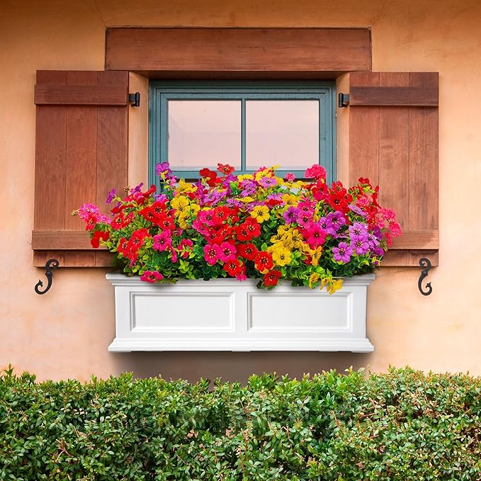 Plastic Flowers for Outdoors, 16 Bundles Fake Outdoor Artificial Flowers for Outdoors UV Resistant, Fake Plants Artificial Plants Outdoor Plastic Plants, Silk Faux Spring Flowers for Outside