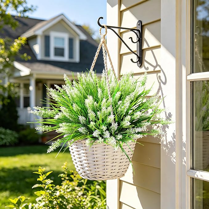 AmyHomie Fake Plants Artificial Flowers for Outdoors – 16 Bundles White Fake Lavender Plants & Monkey Grass, UV Resistant Faux Greenery for Patio, Porch, Planter, Garden and Window Decor