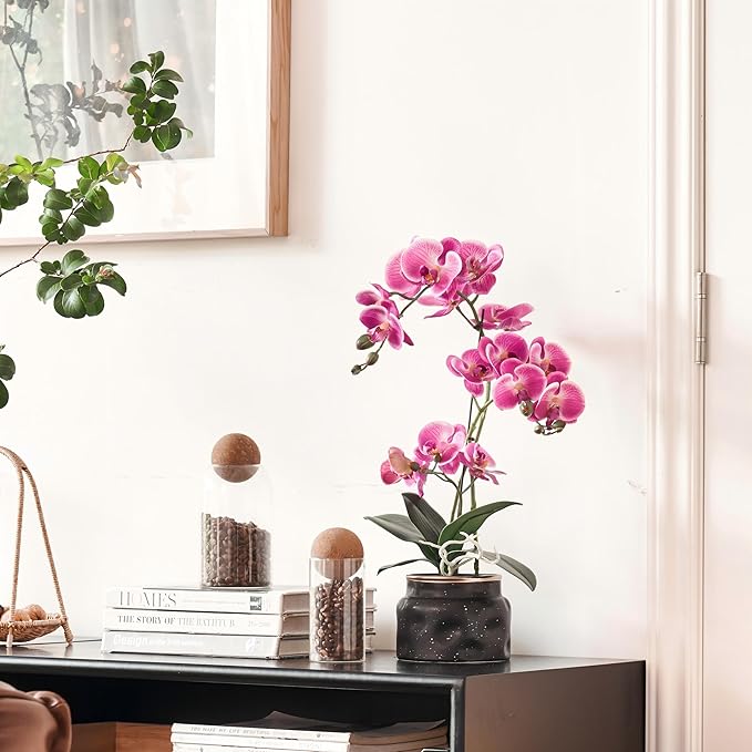 Avoeco Artificial Real Touch Orchid Plant – 20″ Faux Phalaenopsis in Pot – Highly Realistic Silk Orchid Flower & Leaf Texture for Home, Office,Shop & Wedding Décor (Fuchsia, 20”)