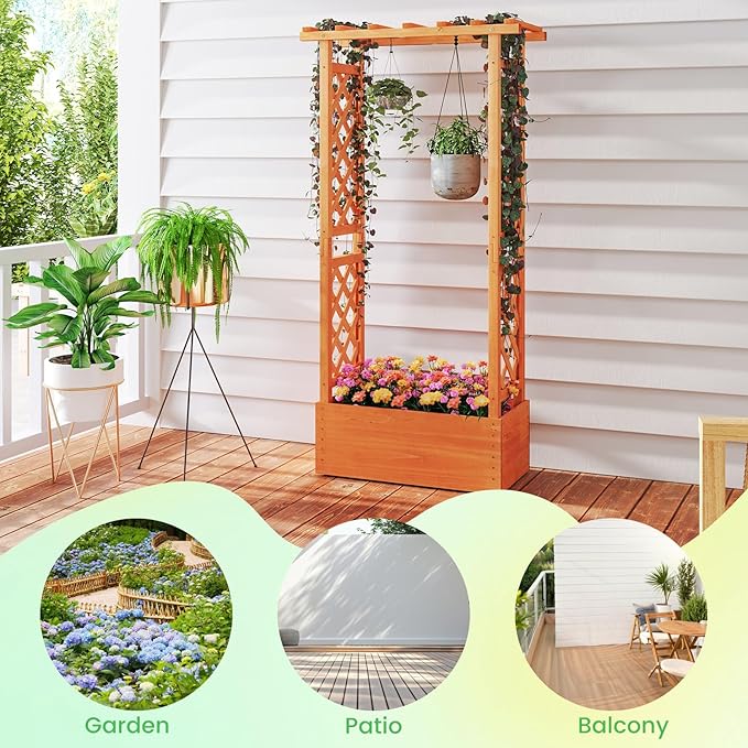 MAT EXPERT Raised Garden Bed with Trellis & Hanging Roof, Lattice Panel with Drainage Hole for Flower, Climbing Plant, Herb, Planter Box for Garden, Patio, Yard (1, 31" L x 14" W x 60" H)