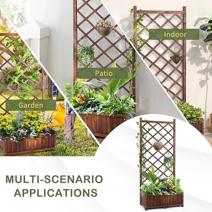 Wood Planter Raised Garden Bed,with Trellis,29.5 x 16.9 x 67'' Outdoor Raised Garden Bed with Drainage Holes, Free-Standing Trellis Planter Box for Vine Climbing Flowers in Garden