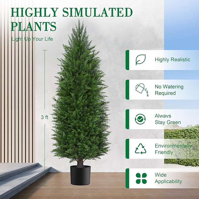 AOKIIE 3FT Artificial Topiary Cedar Plants Outdoor, Faux Pine Trees UV Resistant and Potted, 36 Inch Tall Fake Shrubs Evergreen for Front Porch Decor Set of 2