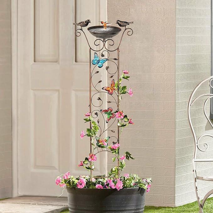 Bird Bath for Outside, Freestanding Birdbath and Trellis 2 in 1 | 43.5 In, Antique Iron, Rust-Proof, Decorative with Butterflies, Detachable Drinking Basin Bowl, Birdfeeder Station