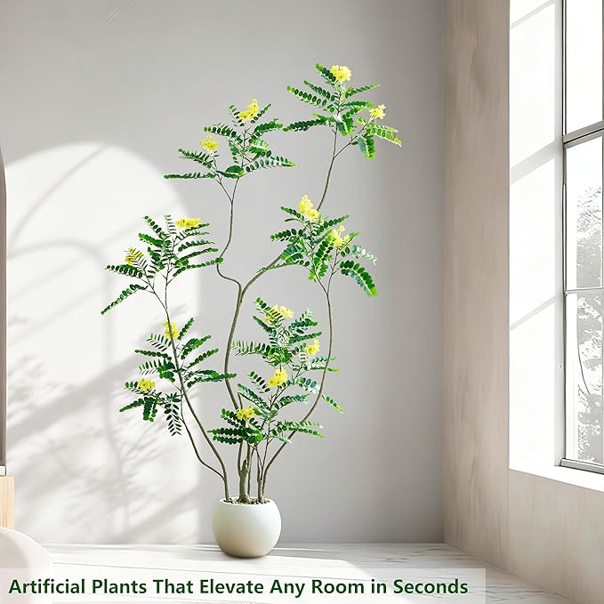 Artificial Mahonia Fortunei Tree - 6FT Artificial Plants Indoor, Fake Floor Plant with White Planter, Tall Sumac Faux Plants for Decor Indoor Home Sala Office Hotel Patio Studio (Yellow)
