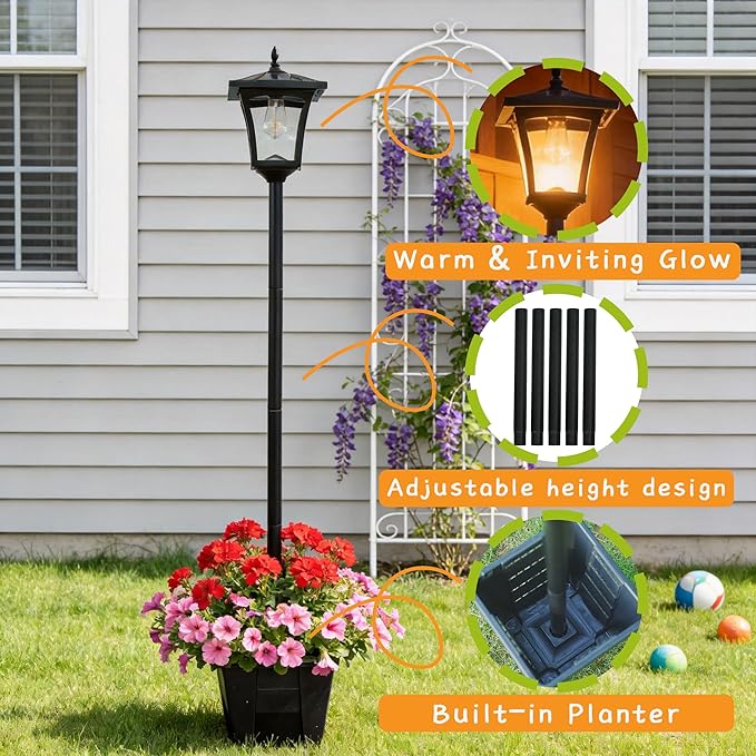 59" Solar Lamp Post Light,Outdoor Waterproof Solar Light Post with Planter,Garden Lights for Backyard, Pathway, Patio,Lawn, Driveway Decor