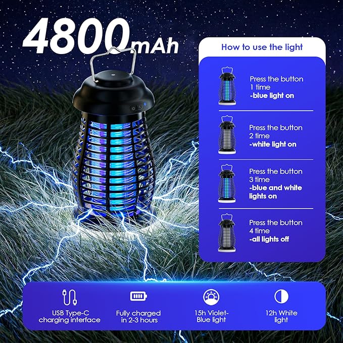 Bug Zapper Outdoor & Indoor,Cordless Portable Mosquito Zapper with Rechargeable 4800mAh Battery & Auto On/Off,Mosquito Repellent Outdoor Patio,Electric Fly Trap for Camping,Kitchen,Backyard,Patio