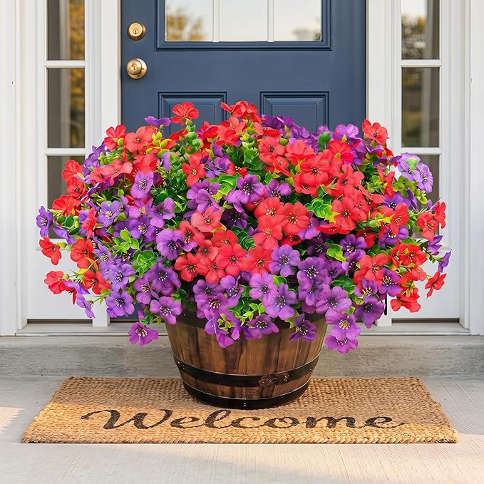 Artificial Flowers for Outdoor Fake Plants for Spring Decoration,Faux Eucalyptus Flowers for Planter UV Resistant Lifelike for Home Porch Garden (Purple/Red)