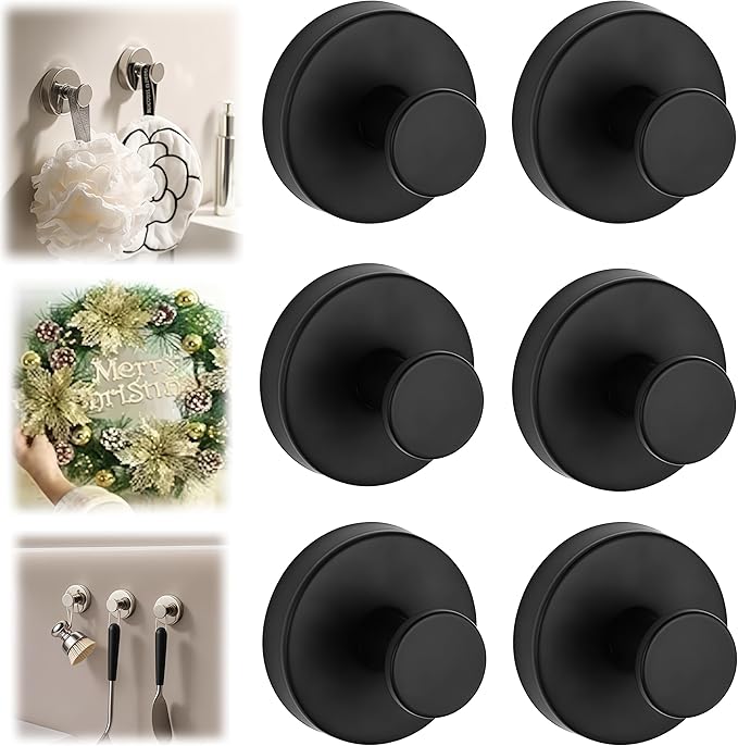 Suction Cup Hooks for Wreaths on Glass, Suction Cup Hooks for Inside Shower, Wreath Hangers for Front Doors, Metal Towel Hooks for Showers Bathrooms Mirrors (6, Black)