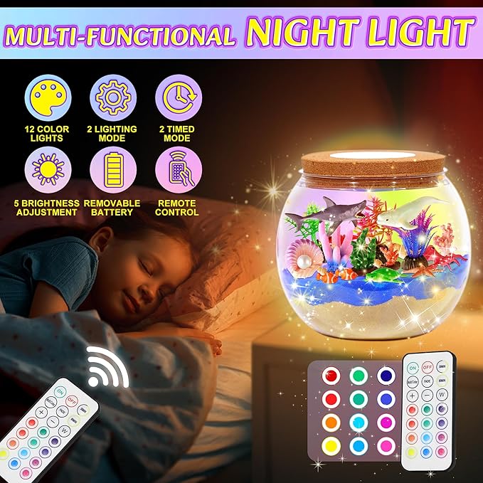 Hannstar Ocean Light Up Terrarium Kit for Kids - Sea Animal Toys with LED Night Light Ocean Animal Birthday Gift for Boys & Girls Ages 4 5 6 7 8-12, Kids Arts & Crafts Kit Easter Ideal Gifts