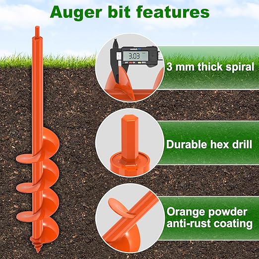 Insaga 4'' x 24'' Auger Drill Bit for Planting, Extra Long Heavy Duty Earth Auger for Post Hole Digger, 0.98'' Hollow Shank, Bright Orange Coating, Fit 3/8'' Hex Drive for Fence Post Tree Bulb Garden