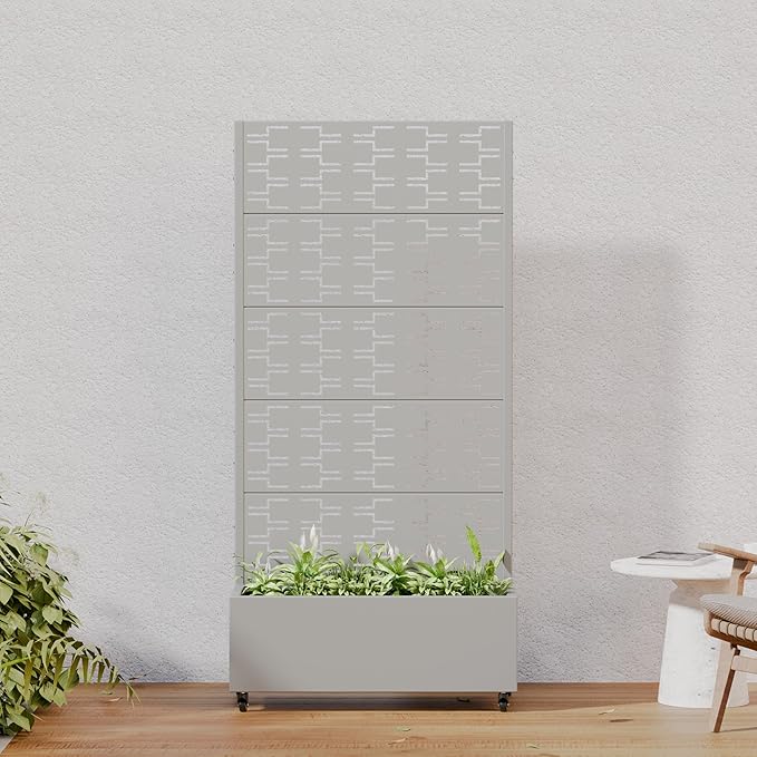 Casaphoria Metal Raised Garden Bed with Trellis and Wheels, 72"x35"x16" Planter Box for Climbing Plants, Vegetables & Vines, Features Drainage Holes and Privacy Screen, Grey-Brick