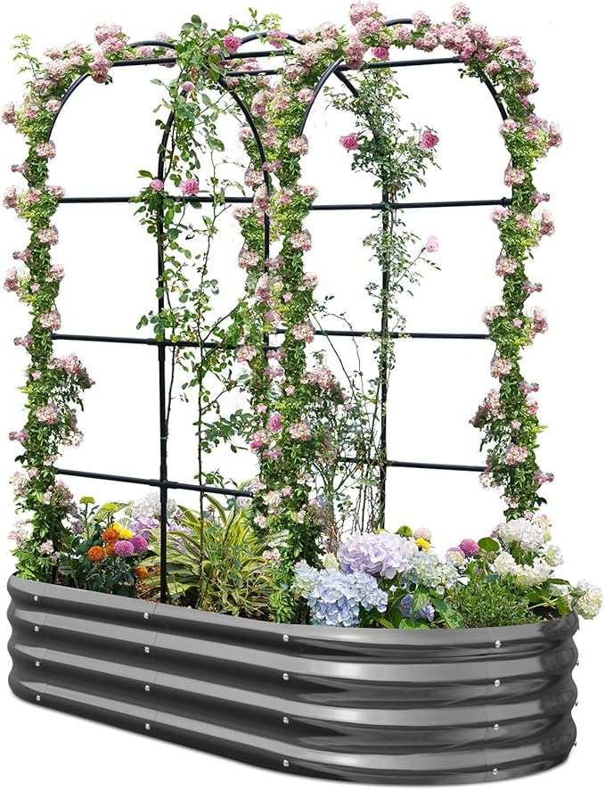 KING BIRD Raised Garden Bed with Arched Trellis Galvanized Planter Garden Box Outdoor for Gardening, Climbing Vegetables, Flowers, Dark Grey, 5.9x2.95x0.98 Ft
