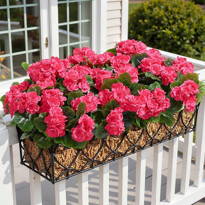 Alupssuc 8Pcs Artificial Geranium Flowers for Outdoors Decoration Silk Floral, UV Resistant Fake Plants, Faux Flower for Porch Garden Table Centerpieces Home Indoor Outside Spring Decor(8, Deep Pink)