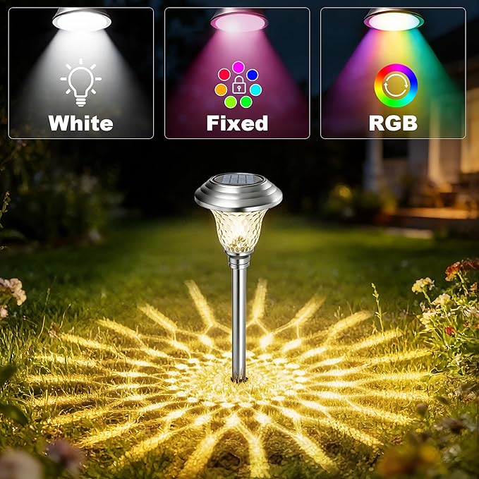 BEAU JARDIN 8 Pack Solar Pathway Lights White+ Color Changing Stainless Steel 3 Mode Outdoor Multicolor Metal Solar Powered Waterproof Glass for Garden Landscape Path Yard Walkway Driveway Silver