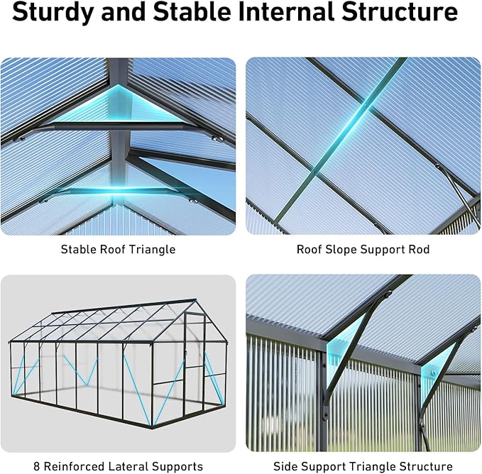 8x14FT Walk-in Greenhouse with Hygrometer,Polycarbonate Green House with UV Protection, Heavy Duty Greenhouse with Windproof Aluminum Frame, Roof Vent & Quick-Install Design