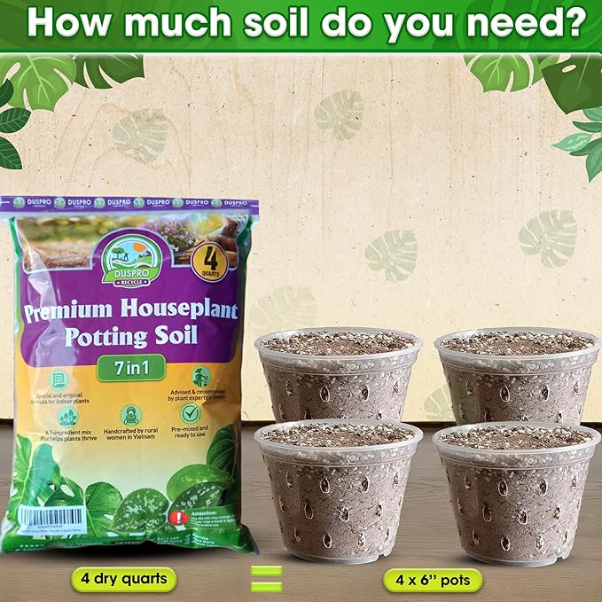 DUSPRO Recycle 4QRT Pre-Mixed House Plant Potting Mix 7in1 with Potting Soil Indoor Plants, Tropical Indoor Potting Soil with Pine Bark, Pumice, Coco Coir, Perlite, Worm Castings, Gypsum, Peat Moss