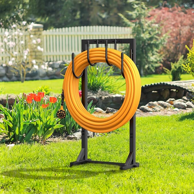 Garden Hose Holder Reel, Upgraded Metal Hose Reels Holds 150ft Hose with 4 Large hooks, Heavy Duty Freestanding Water Hose Holders, Detachable Hose Storage Hanger for Outside