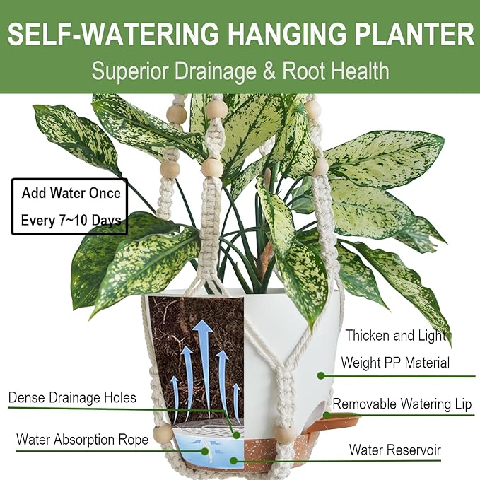 3 Pack 10/8/7 Inch Hanging Planters for Indoor Plants with Self-Watering Hanging Pots with Drainage, 3 Different Size Macrame Plant Hangers with Hooks White Large
