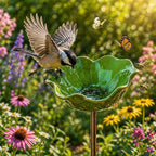 Metal Flower Garden Stakes Bird Bath, Handmade Metal Flower Garden Stake with Bee Bath, Bird Water Bowl Water Station for Outdoor Yard Lawn Patio Decor (Green)