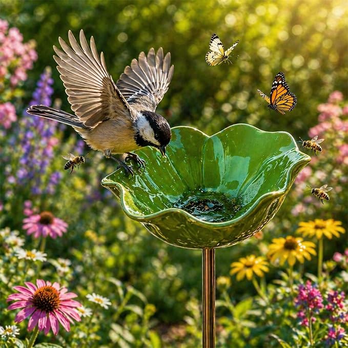 Metal Flower Garden Stakes Bird Bath, Handmade Metal Flower Garden Stake with Bee Bath, Bird Water Bowl Water Station for Outdoor Yard Lawn Patio Decor (Green)