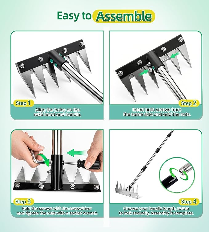 Weed Rake Tool Iron Weed Puller with 71" Adjustable Long Handle, 6 Teeth Garden Weed Remover Tool Heavy Duty Manual Weed Puller with Gloves for Yard, Lawn, Garden