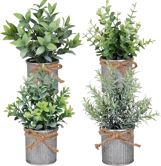 Small Artificial Plants Set of 4 Fake Potted Plant with Iron Pot Mini Greenery Decor for Indoor Home Porch Garden Bathroom Décor
