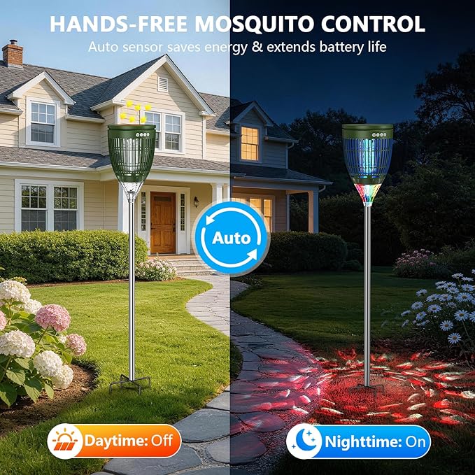 Solar Bug Zapper Outdoor, Jinyeda 4200V Mosquito Zapper with RGB Projector & Flame Lights, Cordless Mosquito Killer, USB Rechargeable Fly Insect Trap Waterproof Lighting Decor for Patio, Garden, Yard